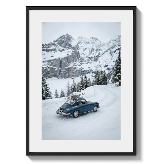 Vintage Porsche 911, Car Alpine Ski Trip Wall Art, winter mountain road photo print, classic coupe on snow, lodge decor, gift for car lovers