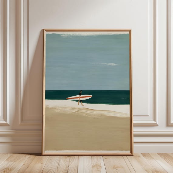 Gouache Surfer with Longboard, Minimalist Beach Art, Calm Coastal Painting (Digital Download) 245