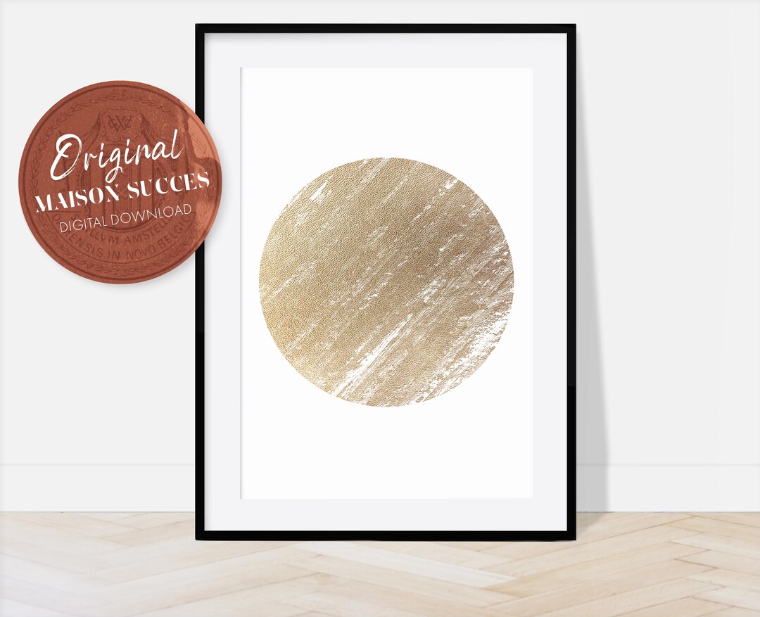 Gold Round Wall Art, Aesthetic Room Decor, Abstract Art Print, Gold Art
