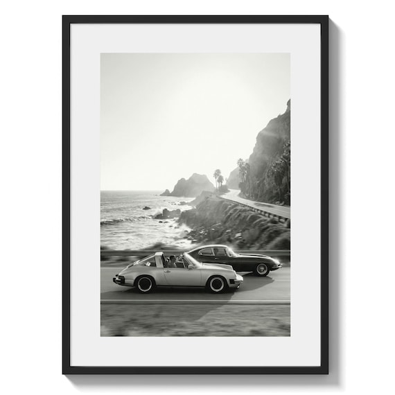 Porsche 911 Art Black and White Printable: Targa and Jaguar E Type Classic Car Wall Art Poster