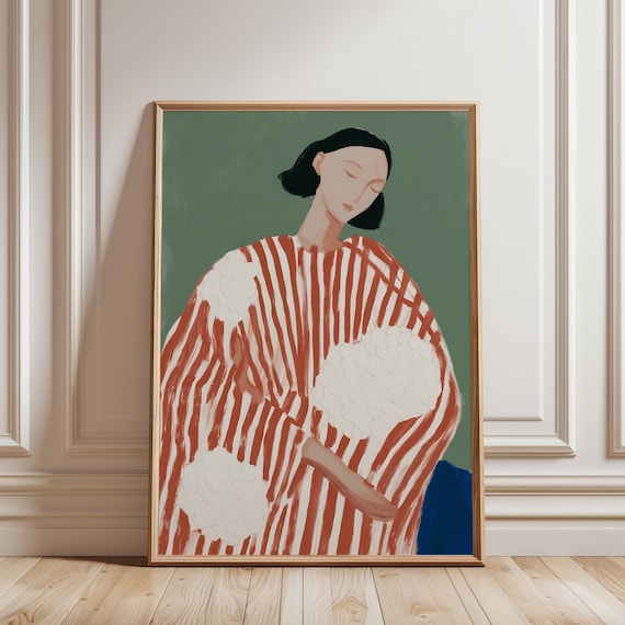 Sage Green Wall Art – Hydrangea Woman Portrait Scandinavian Minimalist Print (Digital Download)