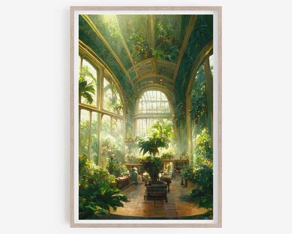 Victorian painting, Printable Art, Victorian Palm House, Rustic Victorian Print, Botanical Oil Painting, Antique, Victorian architecture