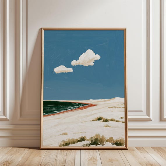 Sunlit Coastal Sand Dunes Landscape, Modern Vintage Gouache Art (Digital Download) 549