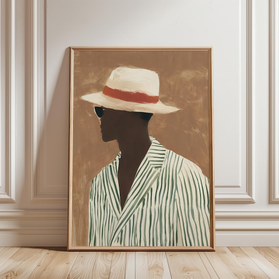 Stylish Black Man in Panama Hat, Minimalist Fashion Illustration (Digital Download) 408