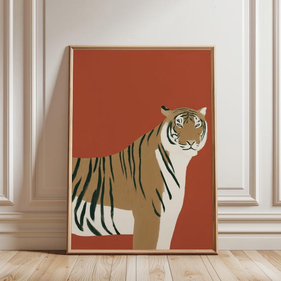 Tiger Wall Art Print, Modern Safari Printable Wall Art, Minimalist Animal Poster - Burnt Orange Neutral Decor (Digital Download)