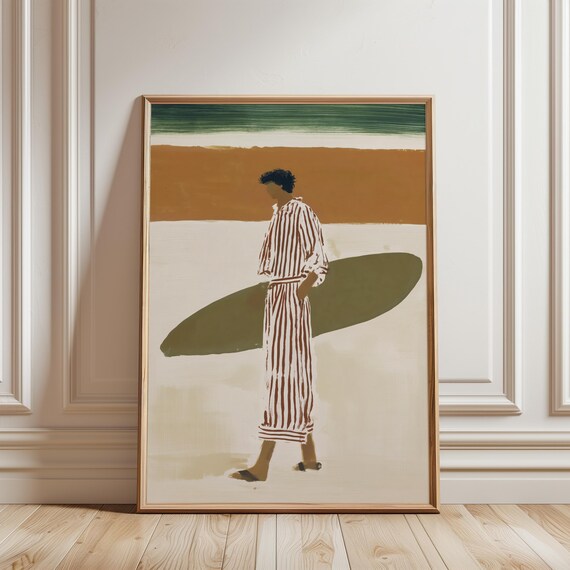 Lone Surfer Gouache Painting, Vintage Beach Aesthetic Art (Digital Download) 435