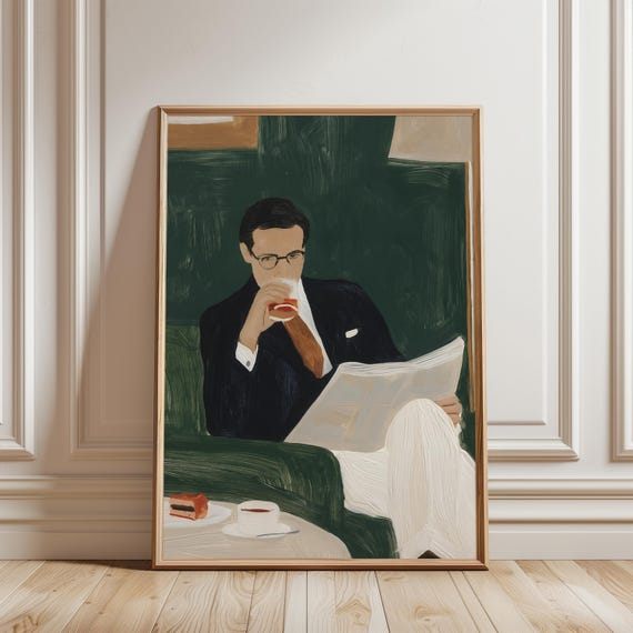 Sophisticated Gentleman Reading Newspaper with Whisky Art Print (Digital Download) 504