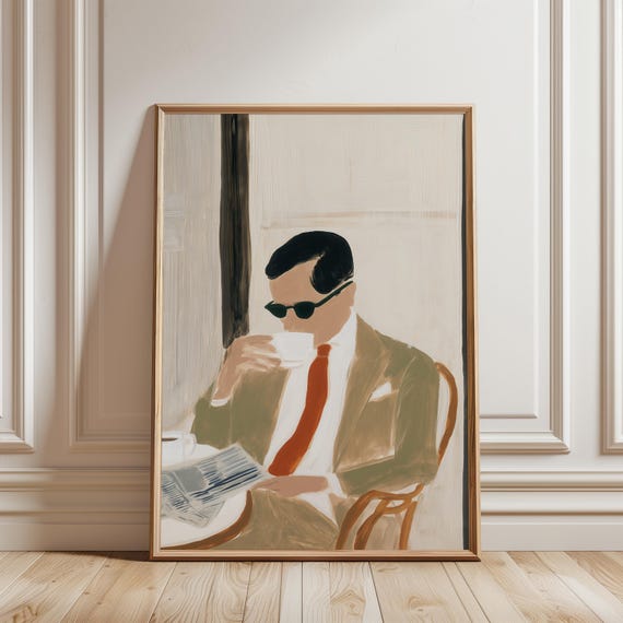 Retro Mid-Century Man with Coffee Painting, Minimalist Chic Wall Art (Digital Download) 484