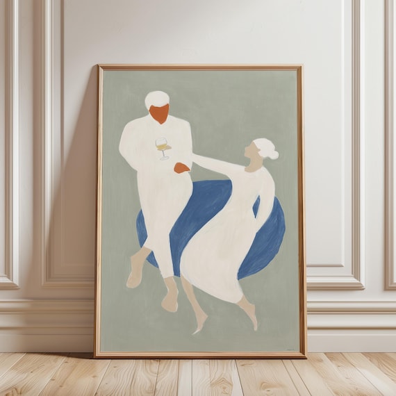 Couple Dancing Print, Mediterranean Wall Art, Coastal Dining Room Decor, Blue White Sage Green, Minimalist Kitchen Art (Digital Download)