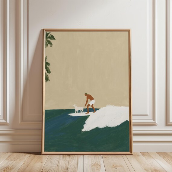 Surfer and Dog on Wave Gouache Painting, Summer Beach Vibes Decor (Digital Download) 676