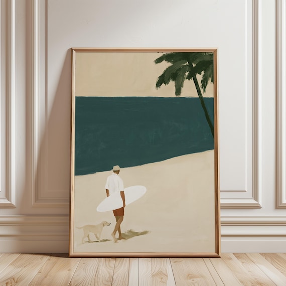 Coastal Summer Surfer and Dog Painting, Beach Decor (Digital Download) 723