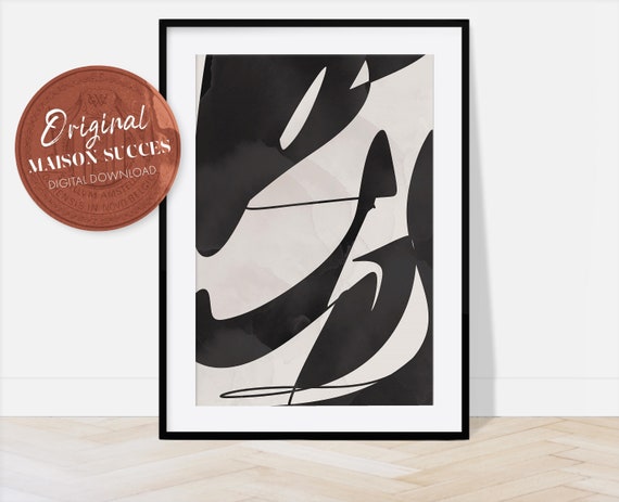 Black And Beige Wall Art print, mid century modern art print , Neutral tones, Cream wall art, Minimal, Aesthetic room decor, Brush Strokes
