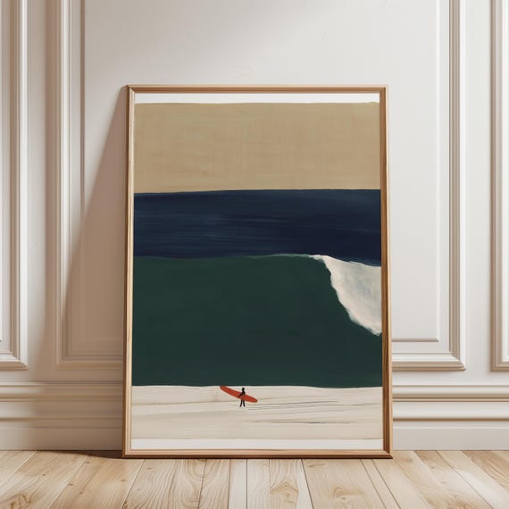 Moody Coastal Surfer Art with Red Board, Scandinavian Summer Print (Digital Download) 686