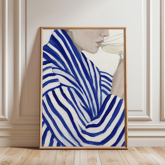 Blue Stripe Woman Wall Art Print, Figurative Painting Poster, Modern Minimal Decor (Digital Download)