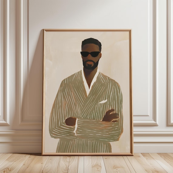 Black Men's Fashion Illustration Art, Chic Minimalist Painting (Digital Download) 516
