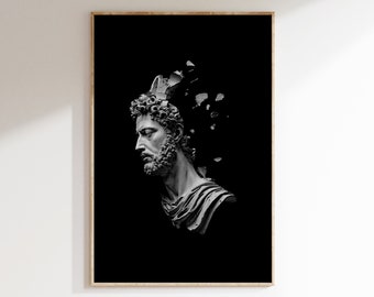 May include: A black and white photograph of a bust of a man with a broken crown. The bust is made of stone and is set against a black background.