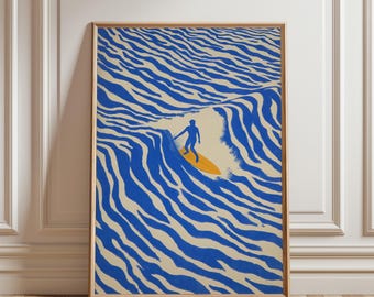 Surfer Wall Art Print, Retro Surf Poster, Ocean Wave Beach Decor, Vintage Surfing Blue Yellow Coastal Nautical Minimalist (Digital Download)