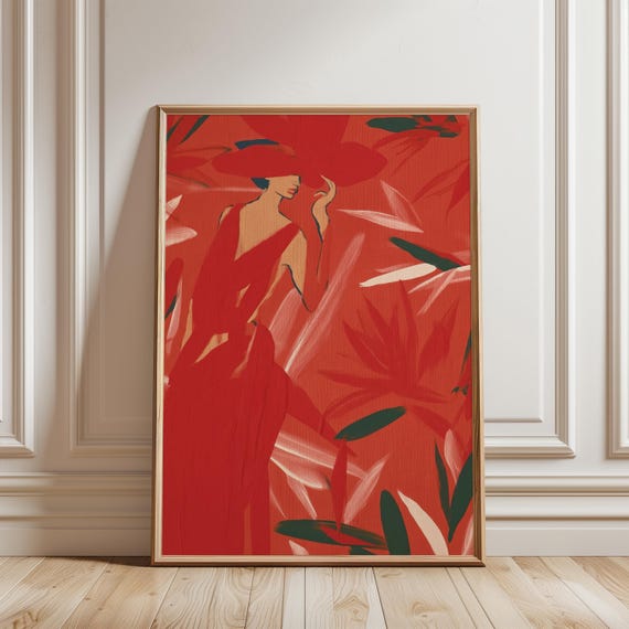 Glamorous Red Gown Illustration, Vintage-Inspired Masked Woman Art (Digital Download) 270