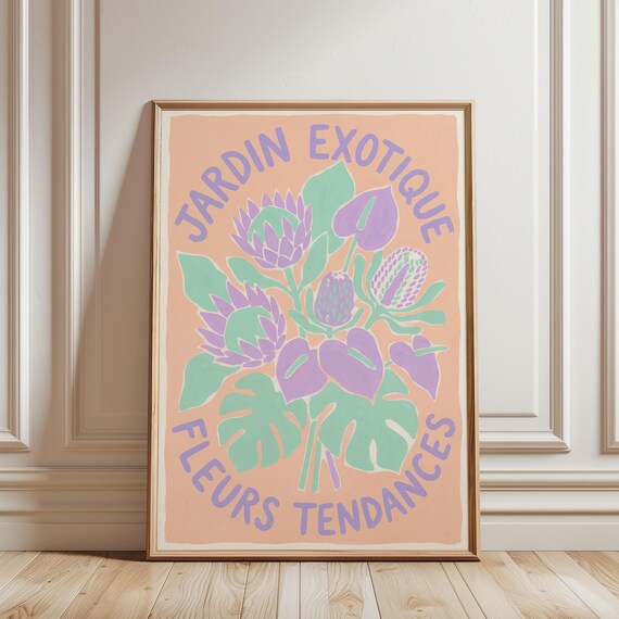 Jardin Exotique Wall Art - French Tropical Botanical Printable, Pastel Floral, Retro Modern Home Decor, Bohemian Bedroom(Digital Download)