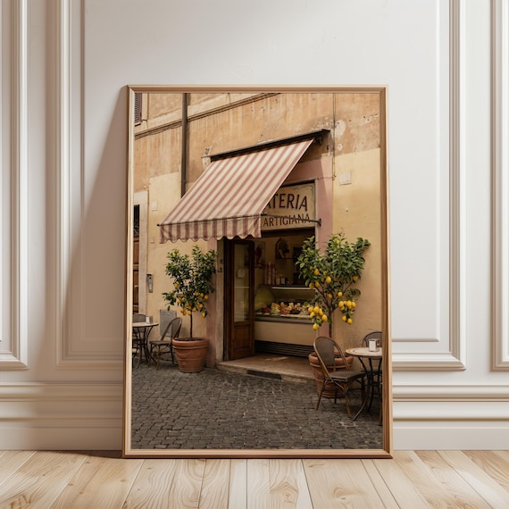 Charming Italian Cafe Art Print, Mediterranean Street Scene with Gelateria (Digital Download) 166