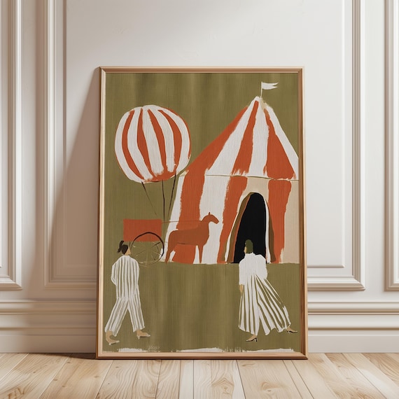 Vintage Circus Tent Art, Mid-century Folk Illustration with Horse (Digital Download) 263