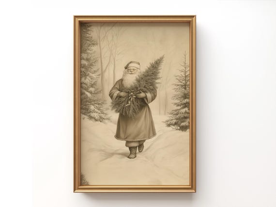 Vintage Santa with Tree Print | Neutral Christmas Wall Art | Winter Forest Holiday Decor | Classic Printable Christmas Poster
