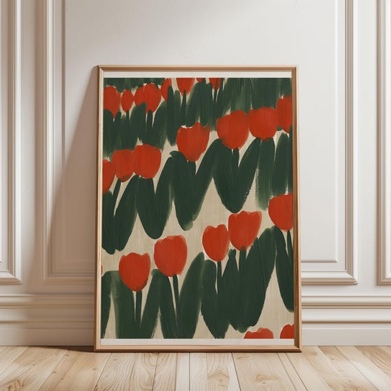Vintage Tulip Field Gouache Painting, Modern Folk-Art Botanical Wall Decor (Digital Download) 420