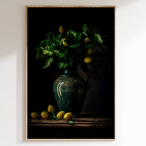 Pintura al óleo vintage de limonero en jarrón de cerámica, arte de pared imprimible.