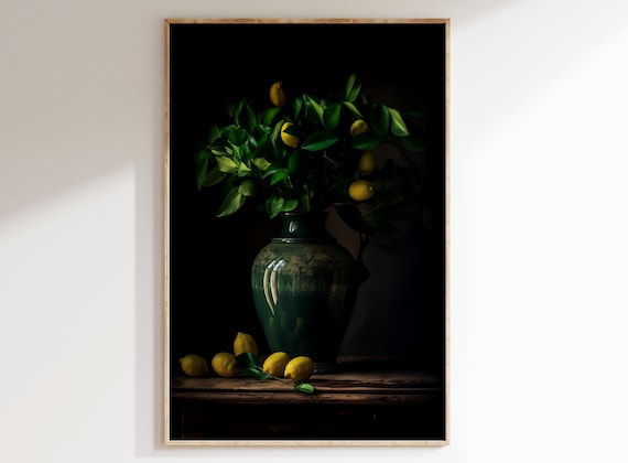 Vintage Oil Painting of Lemon Tree in Ceramic Vase, Printable Wall Art.