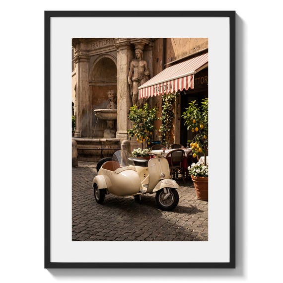 Italy Trattoria Wall Art Print, Rome Street Photography, Vespa Sidecar Poster, Mediterranean Cafe Decor, Italian Travel (Digital Download)