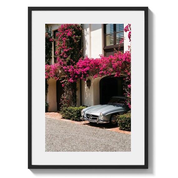 Mercedes 300SL and Bougainvillea Wall Art, Riviera Luxury Car Photography Poster Printable (Instant Download)