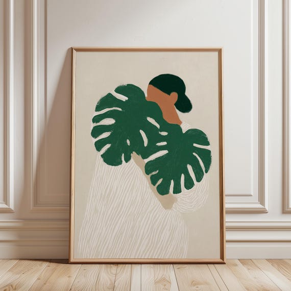 Beige Scandinavian Woman Monstera Painting – Minimalist Botanical Wall Art (Digital Download)