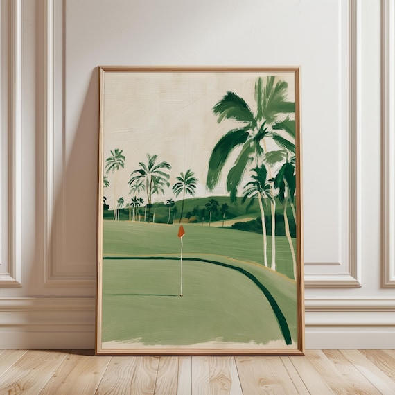 Tropical Golf Course Palm Trees Painting, Minimalist Summer Decor (Digital Download) 718