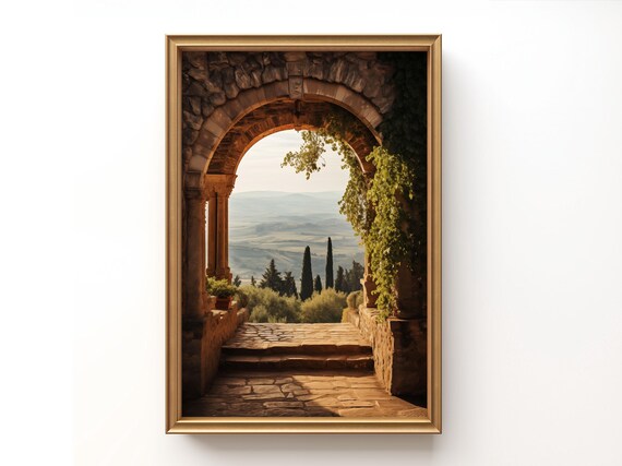 Brick Arch Tuscan Art: Vintage Country Lifestyle & Mediterranean Landscape Print, Oil painting, instant download.