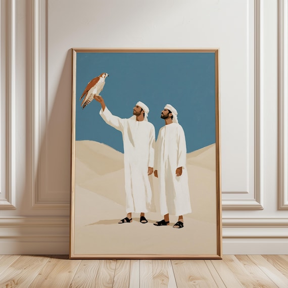 Emirati Falconers in Desert Scene, Minimalist Middle Eastern Gouache Art (Digital Download) 523