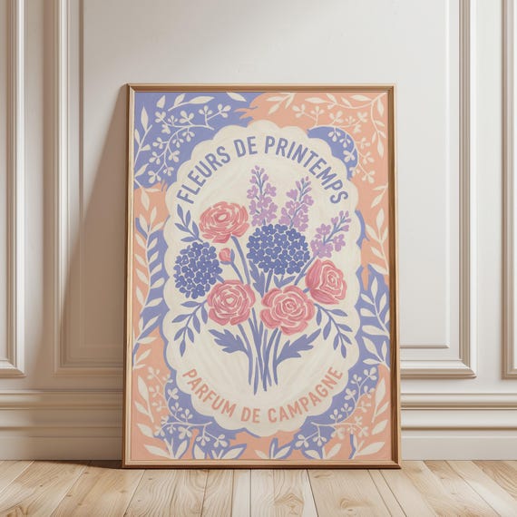 French Cottage Garden Wall Art Print - Vintage Floral Botanical, Farmhouse Bedroom Decor, Pastel Pink Blue Spring Flowers (Digital Download)
