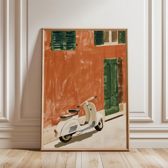 Vintage Vespa Scooter Gouache-Style Painting, Italian Street Art (Digital Download) 233