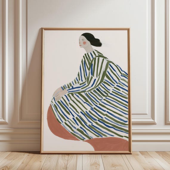 Woman in Striped Robe Wall Art Print - Minimalist Fashion Illustration, Modern Feminine Decor, Calming Green Blue art (Digital Download)