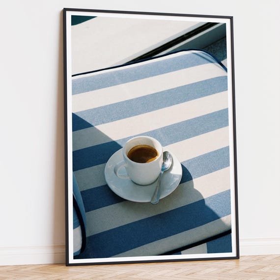 Coffee Poster Wall Art, Espresso Print, Blue and White Striped Mediterranean Cafe Decor