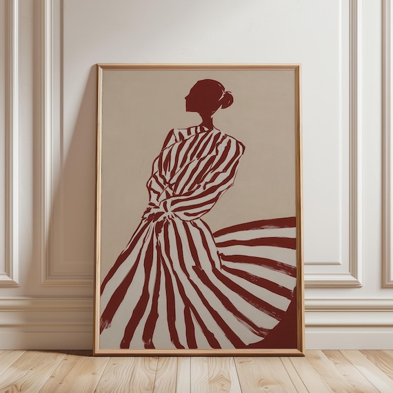 Fashion Illustration Print, Striped Dress Wall Art - Elegant Woman Silhouette, Boho Chic Bedroom Decor (Digital Download)