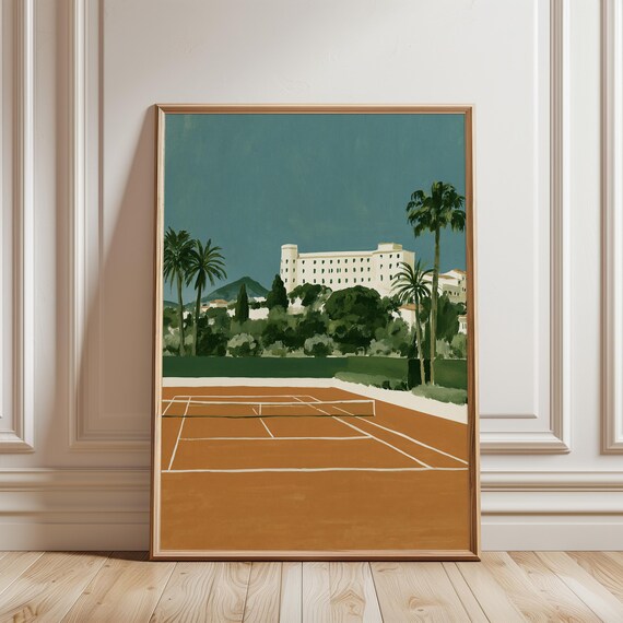 Coastal Tennis Court Art, Mediterranean Summer Decor, Retro Hotel Print (Digital Download) 726