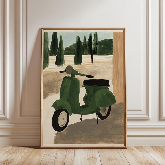 Vintage Vespa Scooter Gouache Painting, Retro Mediterranean Wall Art (Digital Download) 232