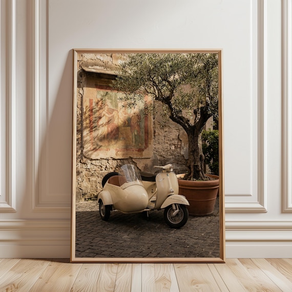 Vintage Cream Scooter Art, Amalfi Coast Print, Mediterranean Decor (Digital Download) 176
