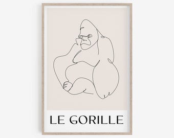 Dessin au trait d'animaux, décoration minimaliste pour chambre d'enfants, décoration murale pour chambre de bébé, impressions d'animaux, téléchargement numérique, art mural imprimable, impression de gorille.