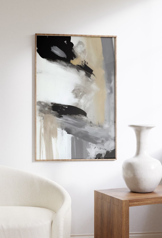 Neutral Abstract Art Print, Beige Gray Brush Strokes (Digital Download)