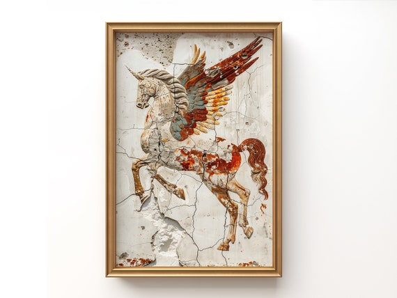 Vintage Pegasus Fresco Printable, Ancient Wall Art, Mythical Unicorn Horse Decor, Historical Greek Roman Mythology, Renaissance artowork.