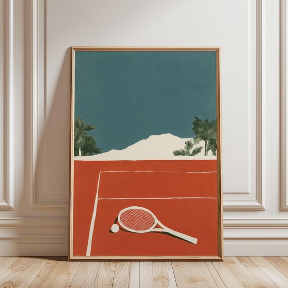 Tennis Court Print – Mediterranean Clay Court, Cypress Trees, Moon (Digital Download)