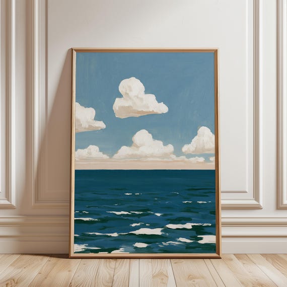 Stylized Seascape Poster, Vintage Ocean Waves with Puffy Clouds Art (Digital Download) 578