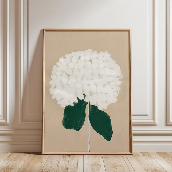 Minimalist White Hydrangea Gouache Painting, Modern Art Botanical Print (Digital Download) 442