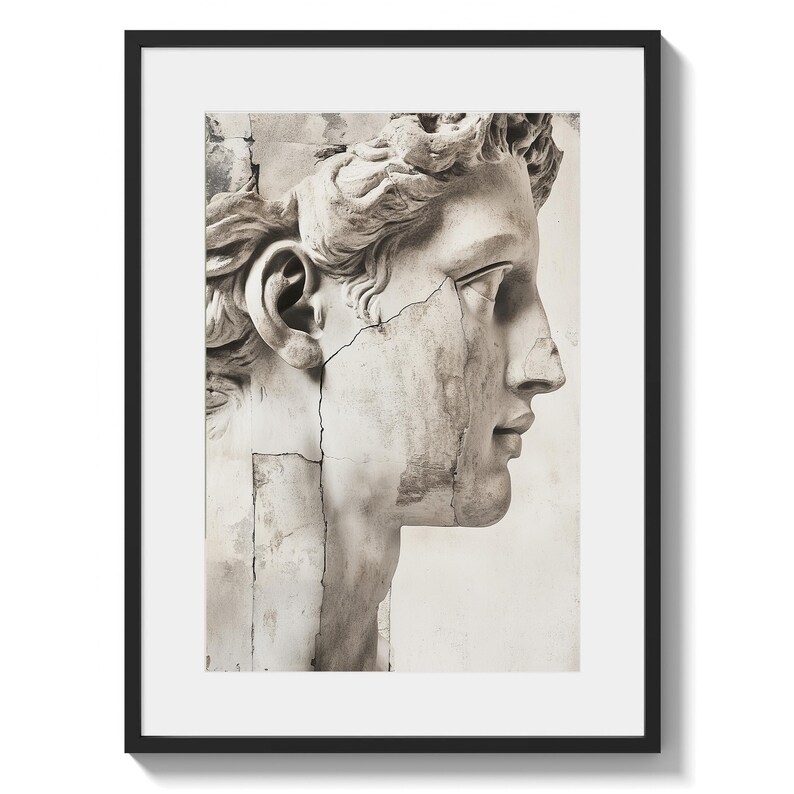 May include: Black framed print featuring a grayscale image of a classical sculpture's profile. The sculpture depicts a male figure with detailed curly hair and a prominent nose. The artwork has visible cracks, adding to its aged aesthetic.